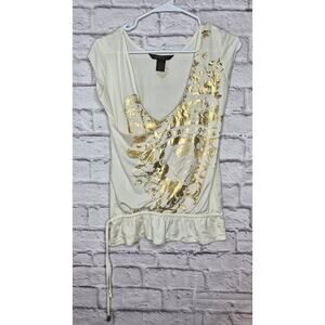 Vintage Rocawear Y2K Top Size M Cream Gold Graphic Tee Foil Print Blouse 90s